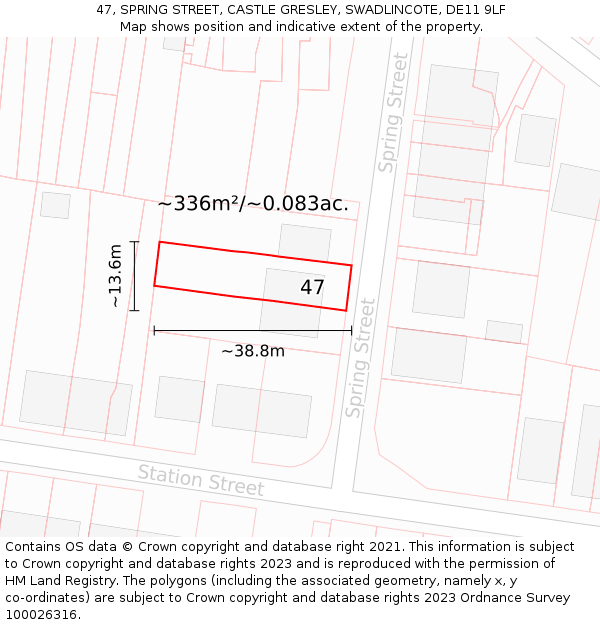 47, SPRING STREET, CASTLE GRESLEY, SWADLINCOTE, DE11 9LF: Plot and title map