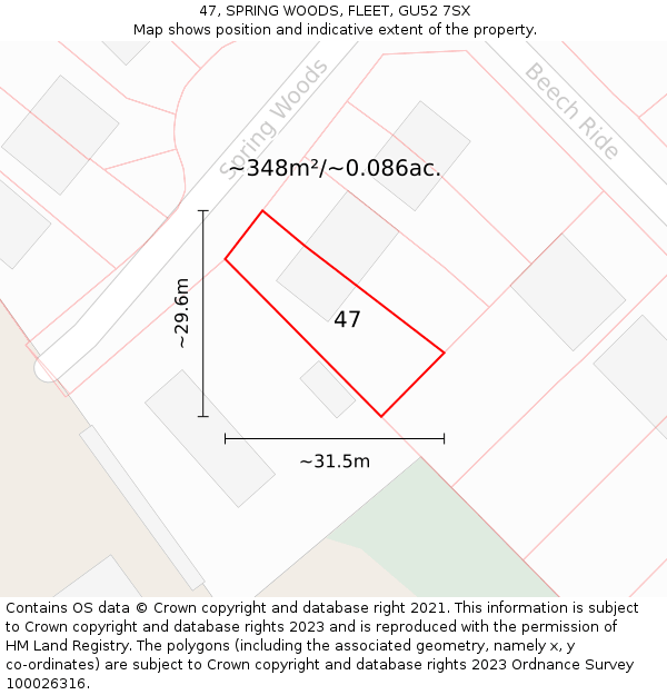 47, SPRING WOODS, FLEET, GU52 7SX: Plot and title map