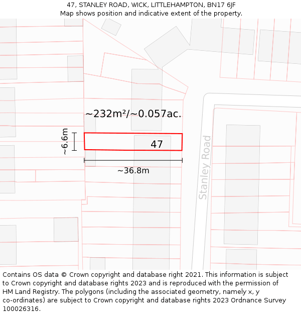 47, STANLEY ROAD, WICK, LITTLEHAMPTON, BN17 6JF: Plot and title map