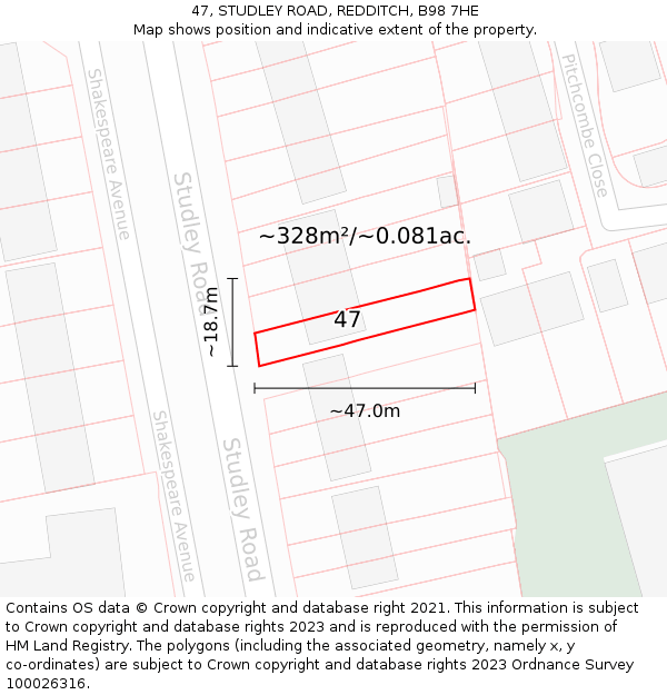 47, STUDLEY ROAD, REDDITCH, B98 7HE: Plot and title map