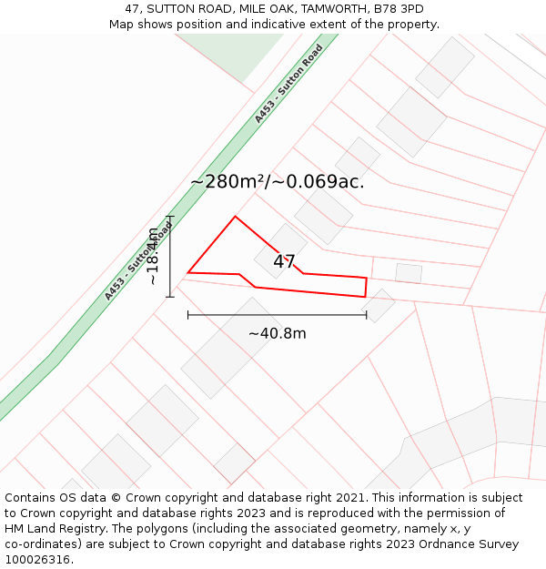 47, SUTTON ROAD, MILE OAK, TAMWORTH, B78 3PD: Plot and title map