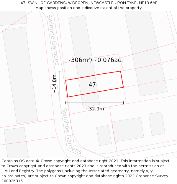 47, SWINHOE GARDENS, WIDEOPEN, NEWCASTLE UPON TYNE, NE13 6AF: Plot and title map