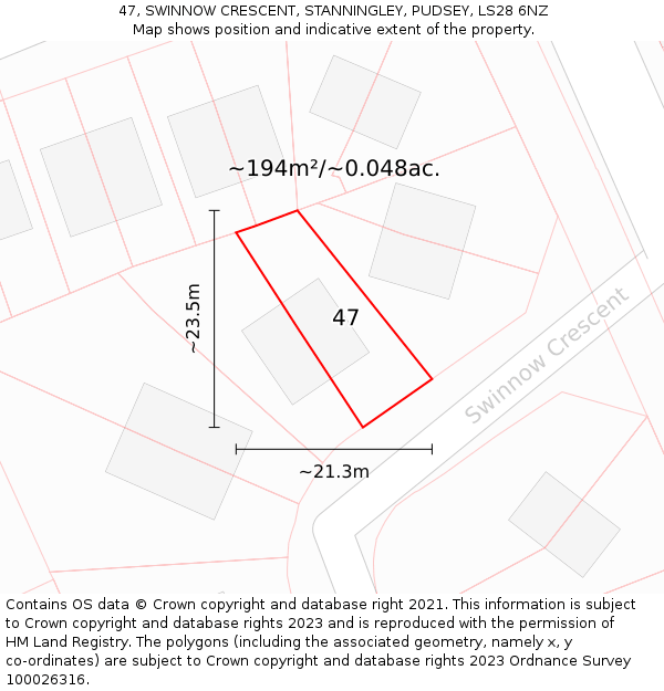 47, SWINNOW CRESCENT, STANNINGLEY, PUDSEY, LS28 6NZ: Plot and title map