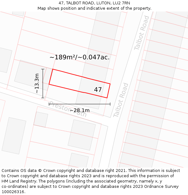 47, TALBOT ROAD, LUTON, LU2 7RN: Plot and title map