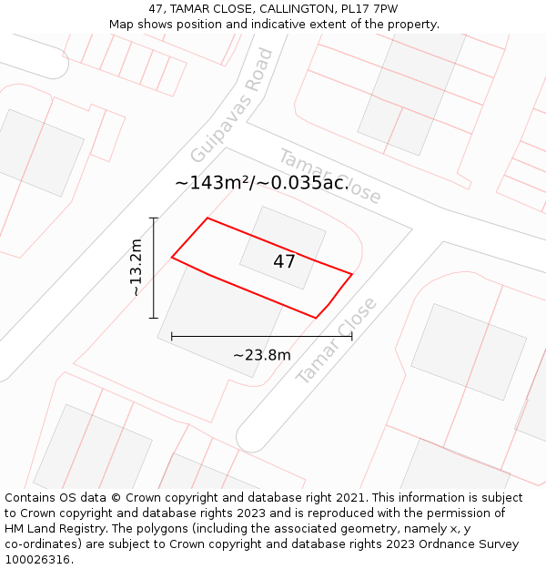 47, TAMAR CLOSE, CALLINGTON, PL17 7PW: Plot and title map
