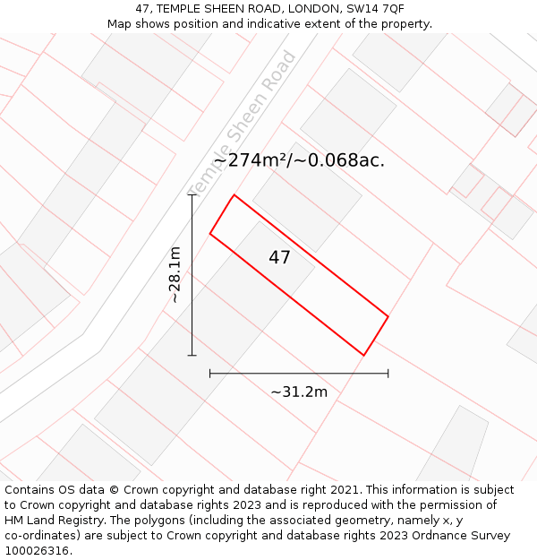 47, TEMPLE SHEEN ROAD, LONDON, SW14 7QF: Plot and title map