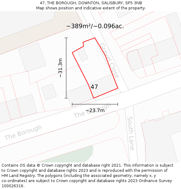 47, THE BOROUGH, DOWNTON, SALISBURY, SP5 3NB: Plot and title map