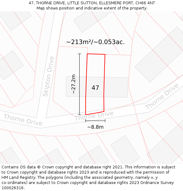 47, THORNE DRIVE, LITTLE SUTTON, ELLESMERE PORT, CH66 4NT: Plot and title map