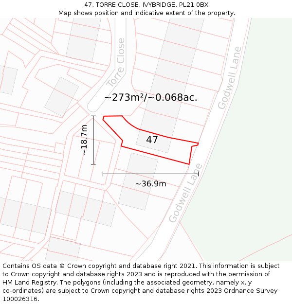 47, TORRE CLOSE, IVYBRIDGE, PL21 0BX: Plot and title map