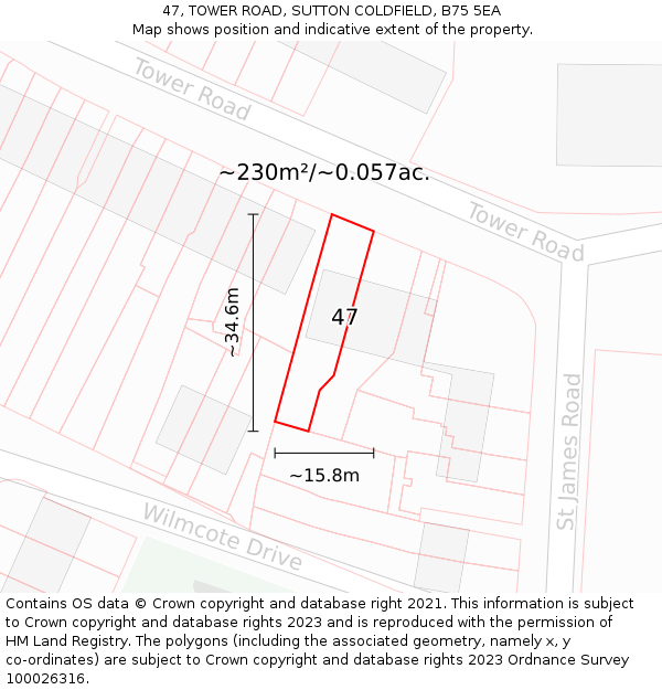 47, TOWER ROAD, SUTTON COLDFIELD, B75 5EA: Plot and title map