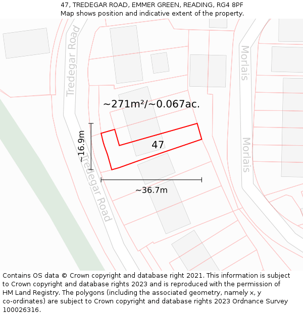 47, TREDEGAR ROAD, EMMER GREEN, READING, RG4 8PF: Plot and title map