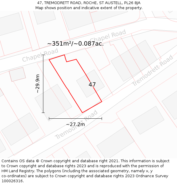 47, TREMODRETT ROAD, ROCHE, ST AUSTELL, PL26 8JA: Plot and title map