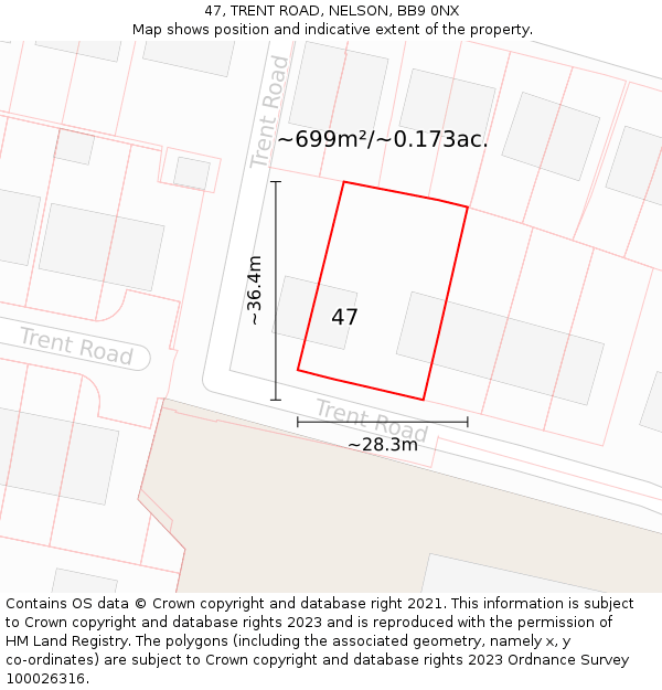 47, TRENT ROAD, NELSON, BB9 0NX: Plot and title map