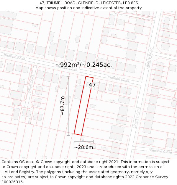 47, TRIUMPH ROAD, GLENFIELD, LEICESTER, LE3 8FS: Plot and title map