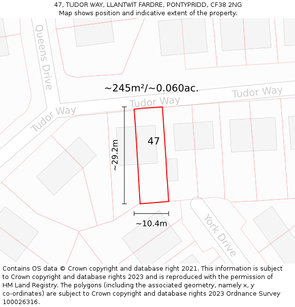 47, TUDOR WAY, LLANTWIT FARDRE, PONTYPRIDD, CF38 2NG: Plot and title map
