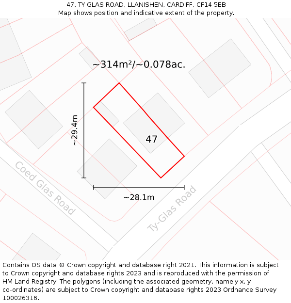 47, TY GLAS ROAD, LLANISHEN, CARDIFF, CF14 5EB: Plot and title map