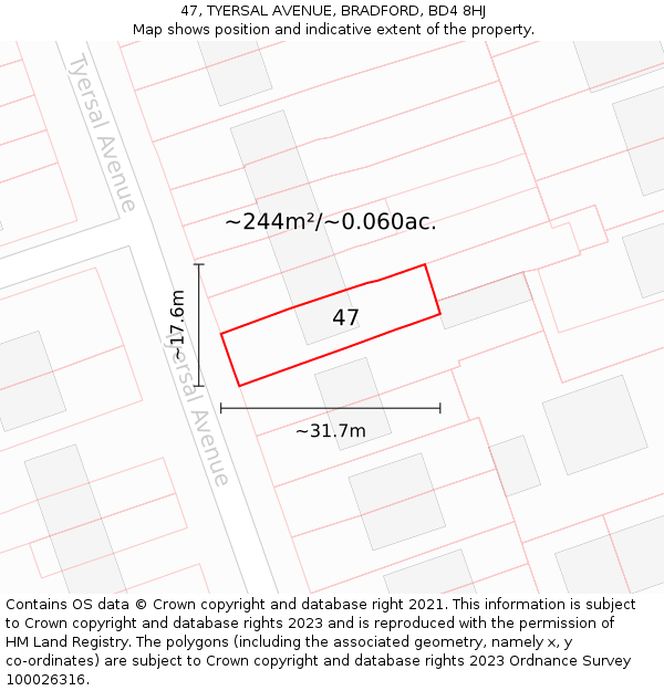 47, TYERSAL AVENUE, BRADFORD, BD4 8HJ: Plot and title map