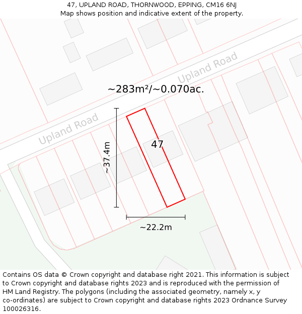 47, UPLAND ROAD, THORNWOOD, EPPING, CM16 6NJ: Plot and title map