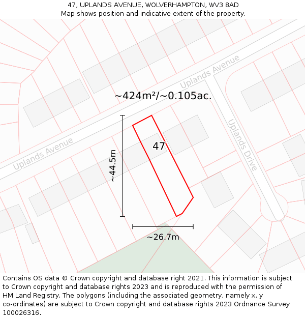 47, UPLANDS AVENUE, WOLVERHAMPTON, WV3 8AD: Plot and title map