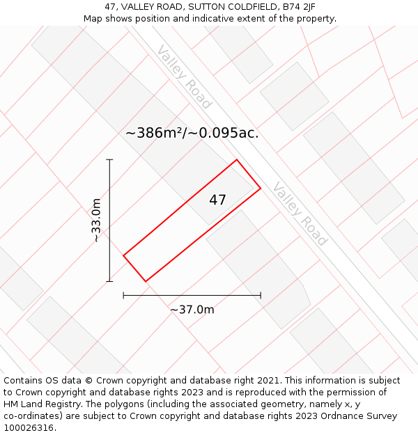 47, VALLEY ROAD, SUTTON COLDFIELD, B74 2JF: Plot and title map