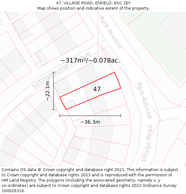 47, VILLAGE ROAD, ENFIELD, EN1 2EY: Plot and title map