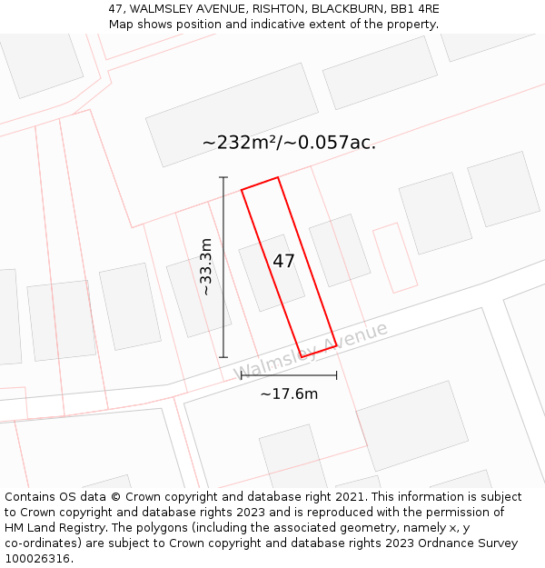 47, WALMSLEY AVENUE, RISHTON, BLACKBURN, BB1 4RE: Plot and title map
