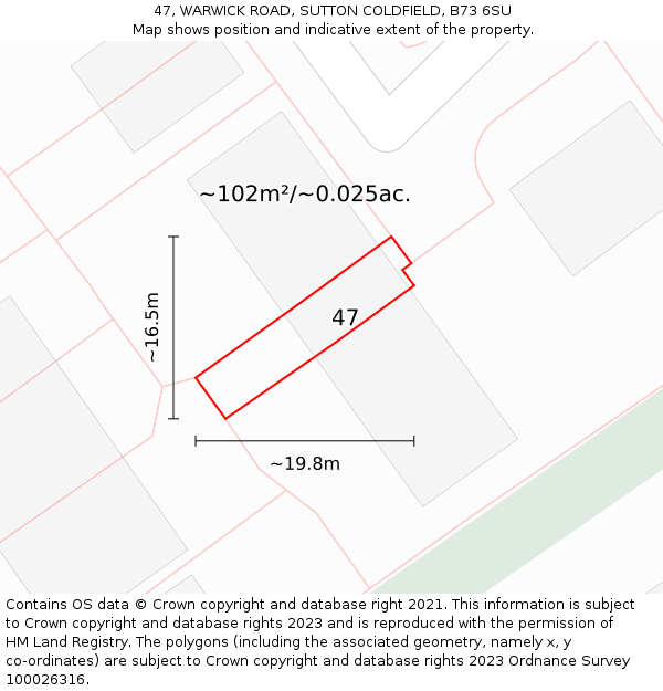 47, WARWICK ROAD, SUTTON COLDFIELD, B73 6SU: Plot and title map