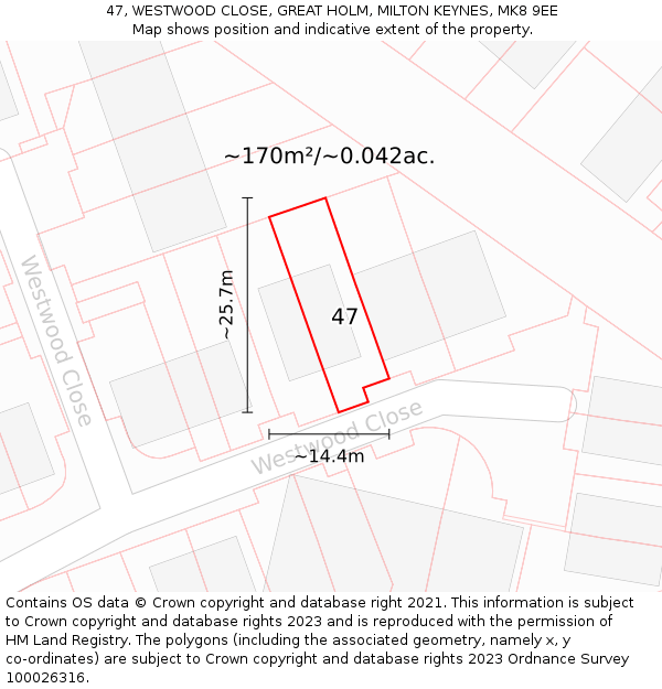 47, WESTWOOD CLOSE, GREAT HOLM, MILTON KEYNES, MK8 9EE: Plot and title map
