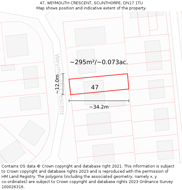 47, WEYMOUTH CRESCENT, SCUNTHORPE, DN17 1TU: Plot and title map