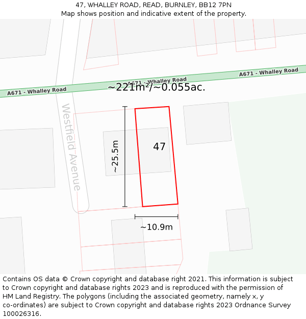 47, WHALLEY ROAD, READ, BURNLEY, BB12 7PN: Plot and title map