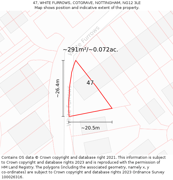 47, WHITE FURROWS, COTGRAVE, NOTTINGHAM, NG12 3LE: Plot and title map