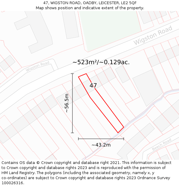 47, WIGSTON ROAD, OADBY, LEICESTER, LE2 5QF: Plot and title map