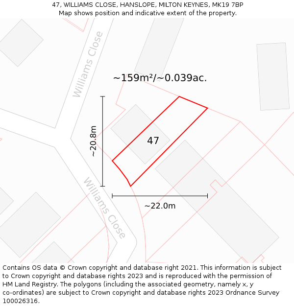 47, WILLIAMS CLOSE, HANSLOPE, MILTON KEYNES, MK19 7BP: Plot and title map