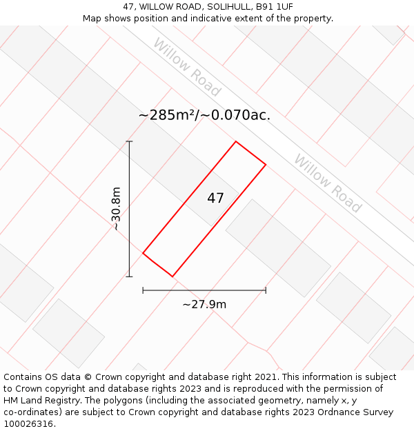 47, WILLOW ROAD, SOLIHULL, B91 1UF: Plot and title map