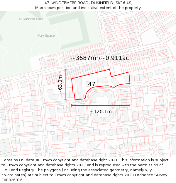47, WINDERMERE ROAD, DUKINFIELD, SK16 4SJ: Plot and title map