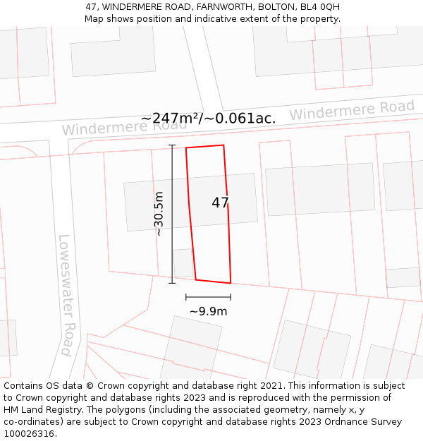 47, WINDERMERE ROAD, FARNWORTH, BOLTON, BL4 0QH: Plot and title map