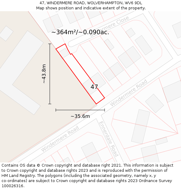 47, WINDERMERE ROAD, WOLVERHAMPTON, WV6 9DL: Plot and title map