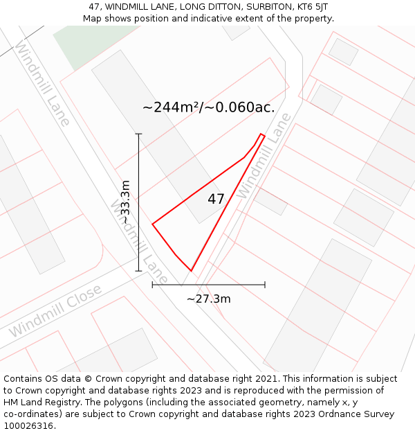 47, WINDMILL LANE, LONG DITTON, SURBITON, KT6 5JT: Plot and title map