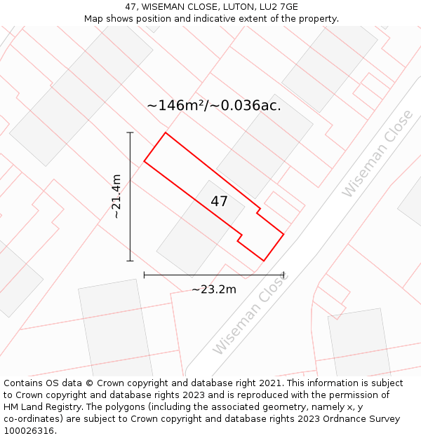 47, WISEMAN CLOSE, LUTON, LU2 7GE: Plot and title map
