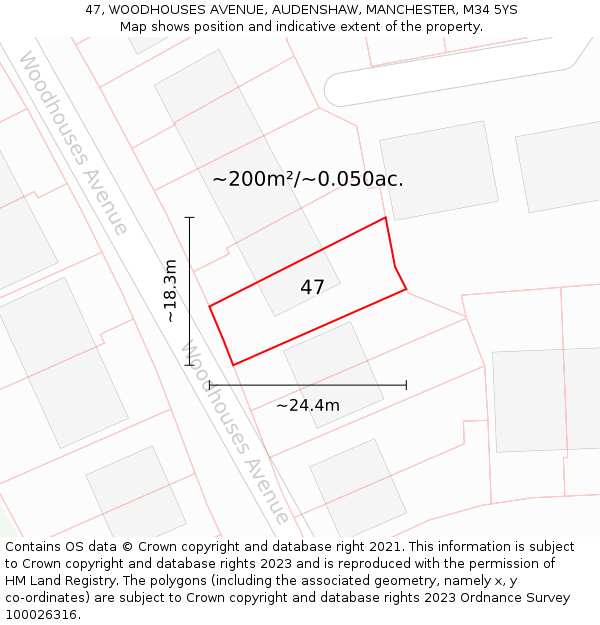 47, WOODHOUSES AVENUE, AUDENSHAW, MANCHESTER, M34 5YS: Plot and title map