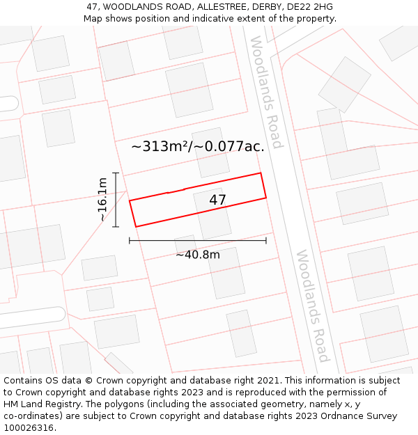 47, WOODLANDS ROAD, ALLESTREE, DERBY, DE22 2HG: Plot and title map