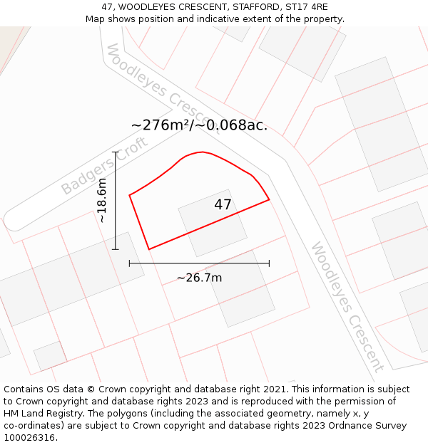 47, WOODLEYES CRESCENT, STAFFORD, ST17 4RE: Plot and title map