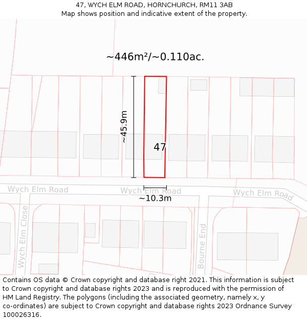 47, WYCH ELM ROAD, HORNCHURCH, RM11 3AB: Plot and title map