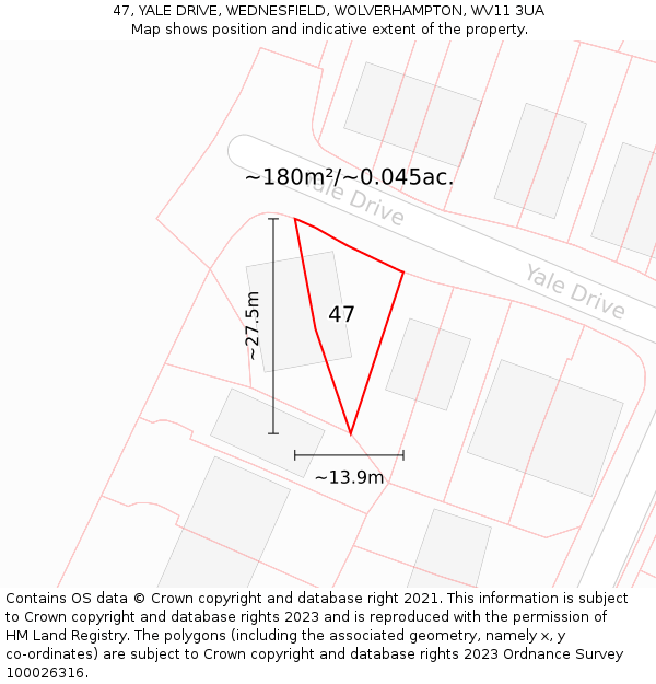 47, YALE DRIVE, WEDNESFIELD, WOLVERHAMPTON, WV11 3UA: Plot and title map