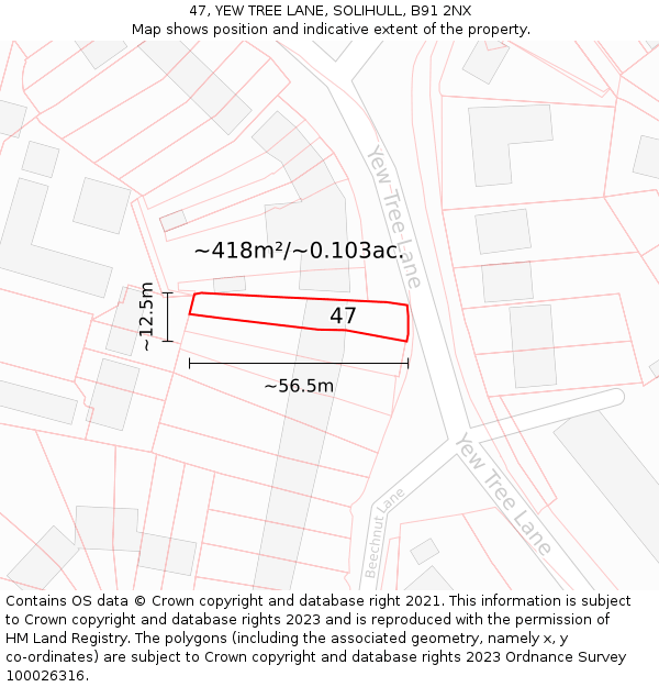 47, YEW TREE LANE, SOLIHULL, B91 2NX: Plot and title map