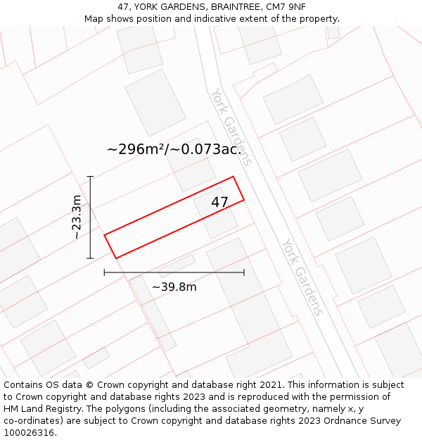 47, YORK GARDENS, BRAINTREE, CM7 9NF: Plot and title map
