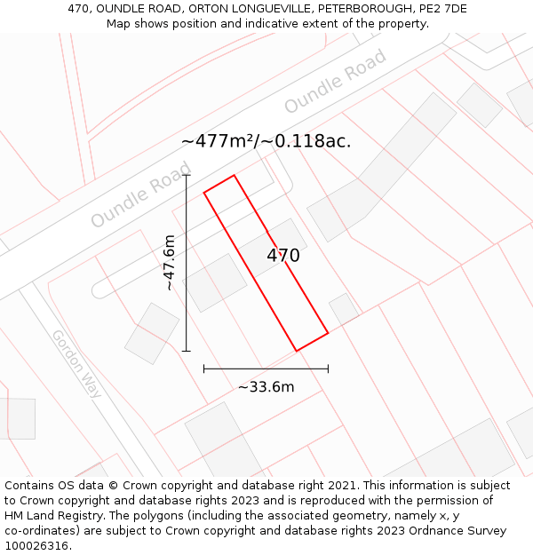 470, OUNDLE ROAD, ORTON LONGUEVILLE, PETERBOROUGH, PE2 7DE: Plot and title map