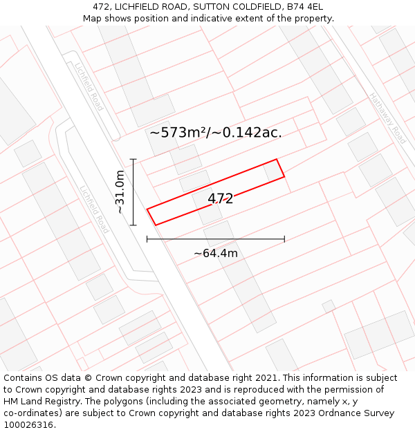 472, LICHFIELD ROAD, SUTTON COLDFIELD, B74 4EL: Plot and title map