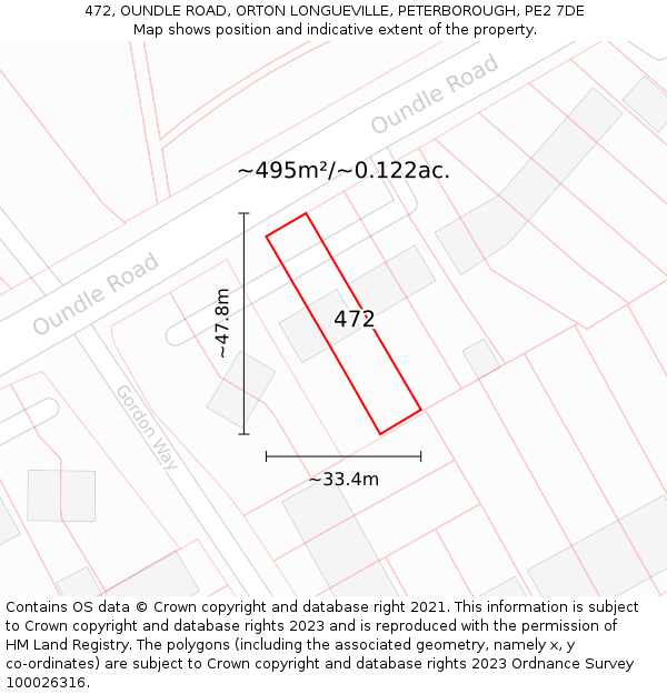 472, OUNDLE ROAD, ORTON LONGUEVILLE, PETERBOROUGH, PE2 7DE: Plot and title map