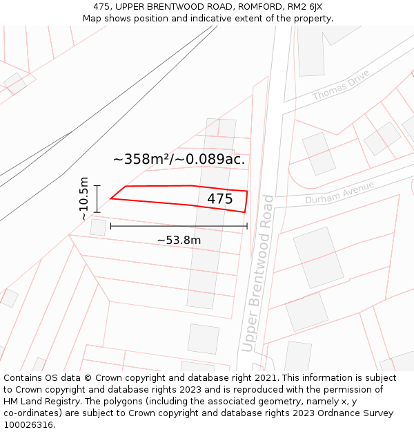 475, UPPER BRENTWOOD ROAD, ROMFORD, RM2 6JX: Plot and title map
